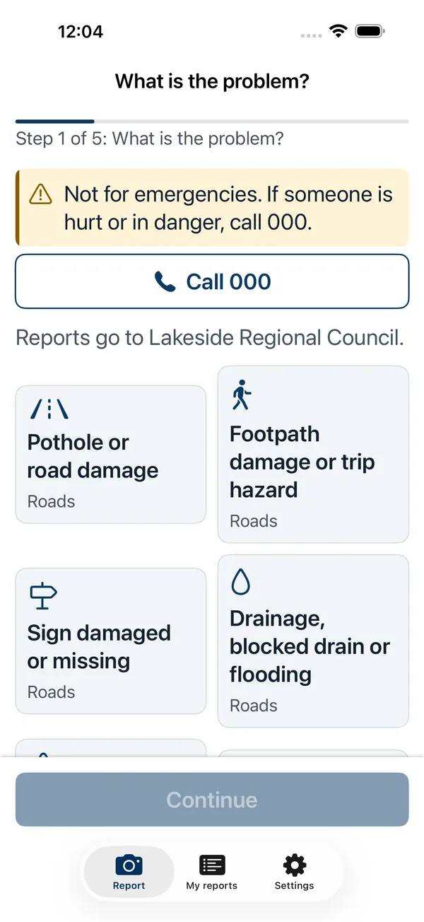 Localtech Eye screen listing the council's problem categories.