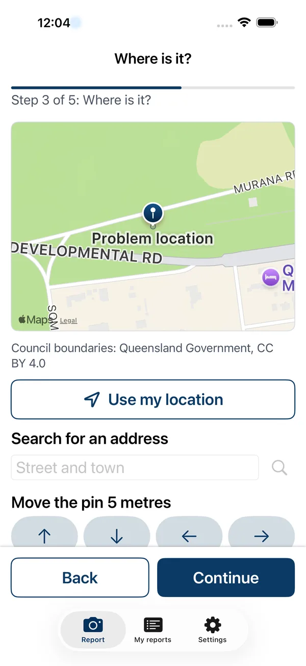 Localtech Eye screen with a map pin placed on the problem location.